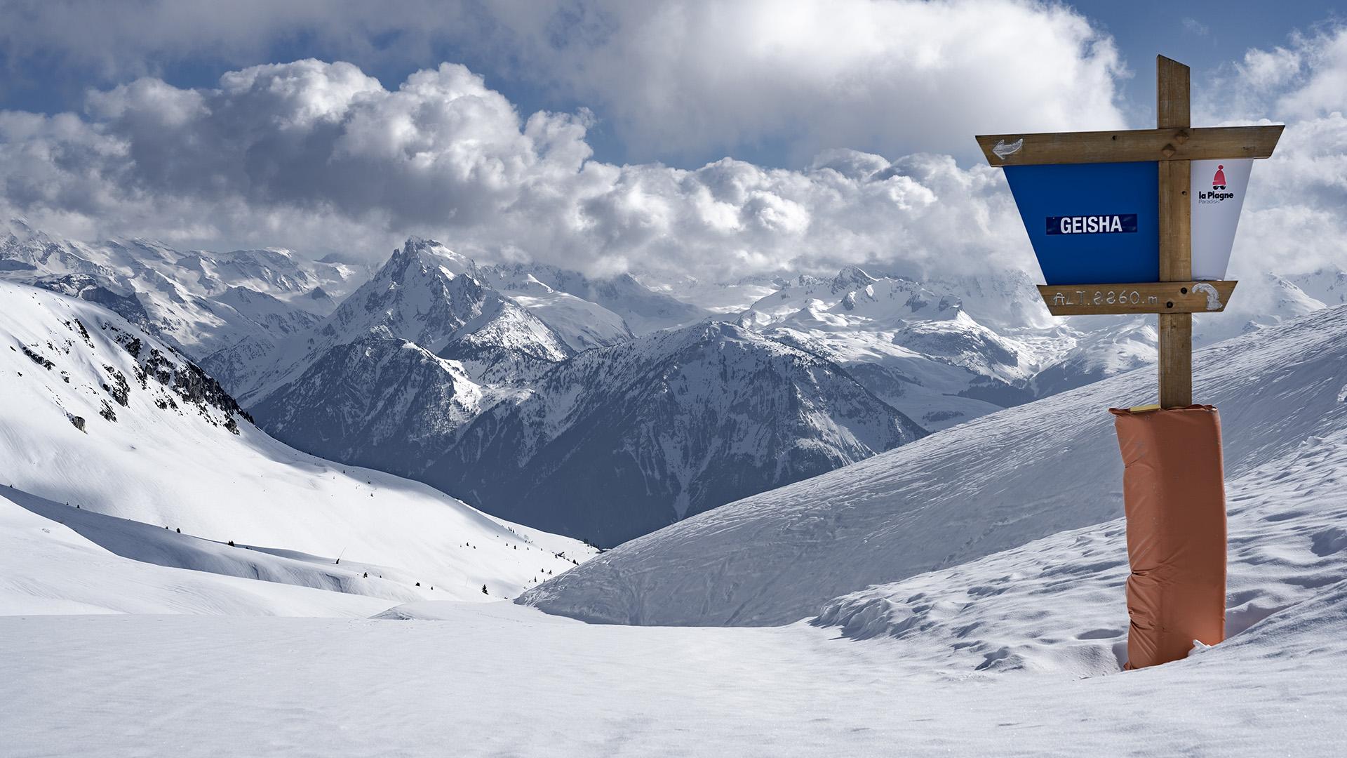 Skigebiet La Plagne Ansicht Piste Geisha